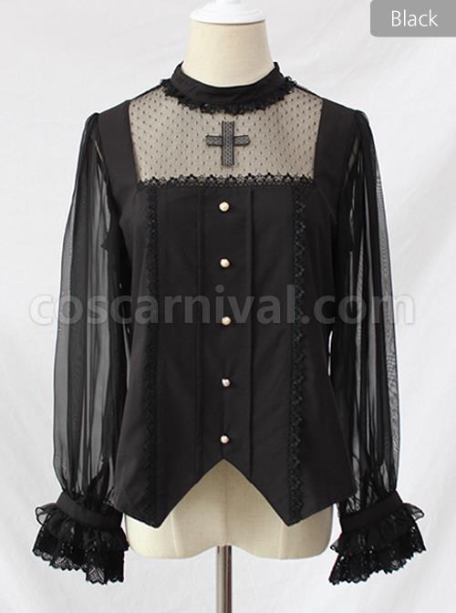 Simple And Elegant Dark Cross Lace Gothic Lolita Ruffle Standing Collar Shirt coscarnival