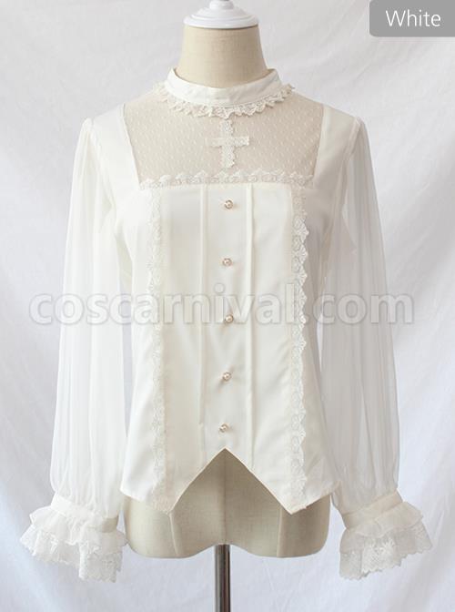 Simple And Elegant Dark Cross Lace Gothic Lolita Ruffle Standing Collar Shirt coscarnival