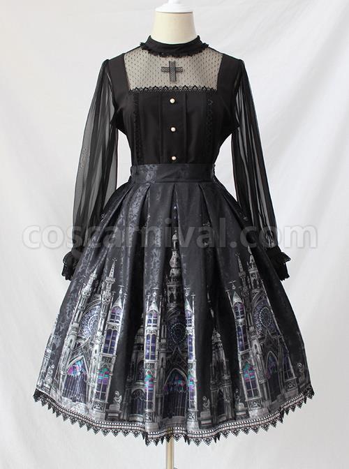 Simple And Elegant Dark Cross Lace Gothic Lolita Ruffle Standing Collar Shirt coscarnival
