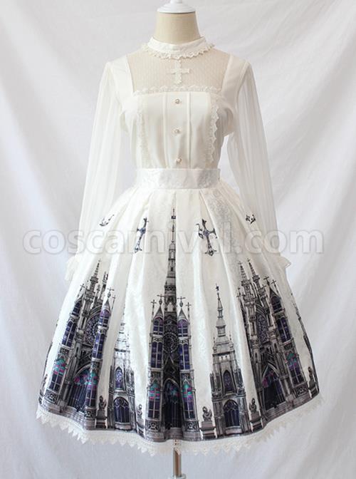 Simple And Elegant Dark Cross Lace Gothic Lolita Ruffle Standing Collar Shirt coscarnival