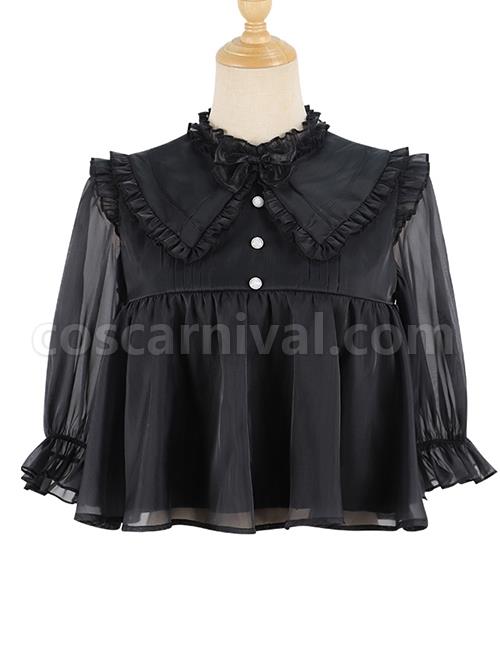 Simple Daily Chiffon Cute Pleated Lace Doll Neckline Button Decoration Short Sleeve Classic Lolita Blouse coscarnival