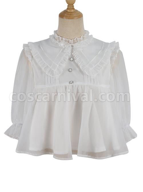 Simple Daily Chiffon Cute Pleated Lace Doll Neckline Button Decoration Short Sleeve Classic Lolita Blouse coscarnival
