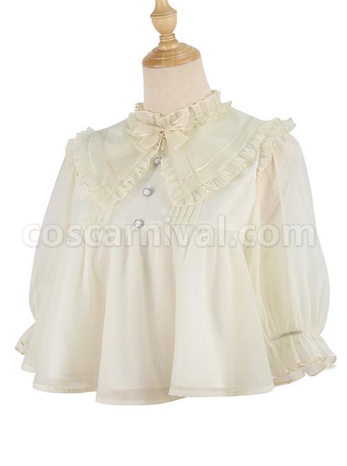 Simple Daily Chiffon Cute Pleated Lace Doll Neckline Button Decoration Short Sleeve Classic Lolita Blouse coscarnival