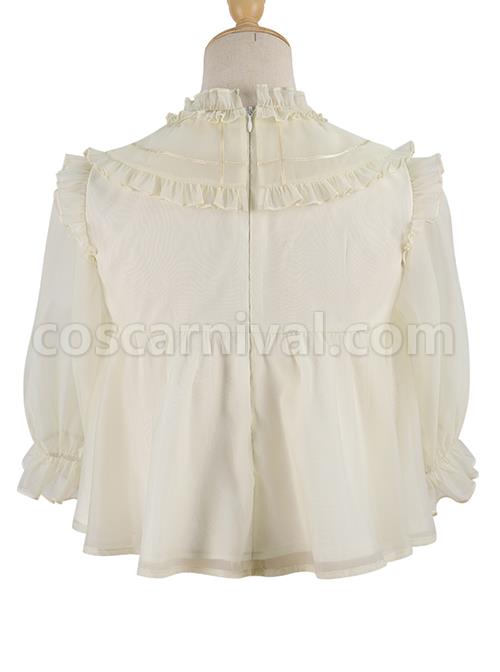 Simple Daily Chiffon Cute Pleated Lace Doll Neckline Button Decoration Short Sleeve Classic Lolita Blouse coscarnival