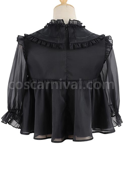 Simple Daily Chiffon Cute Pleated Lace Doll Neckline Button Decoration Short Sleeve Classic Lolita Blouse coscarnival