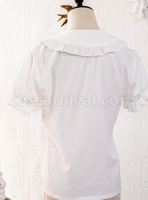 Simple Routine Pure White Pleated Trim Cute Puff Sleeves Classic Lolita Shirt coscarnival
