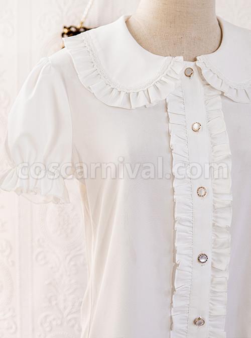 Simple Routine Pure White Pleated Trim Cute Puff Sleeves Classic Lolita Shirt coscarnival