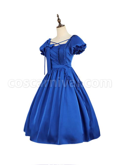 Simple-Solid-Color-Klein-Blue-OP-Pleated-Lace-Bow-Knot-Decoration-Cross-Straps-Classic-Lolita-Short-Sleeve-Dress-Set-coscarnival-4937