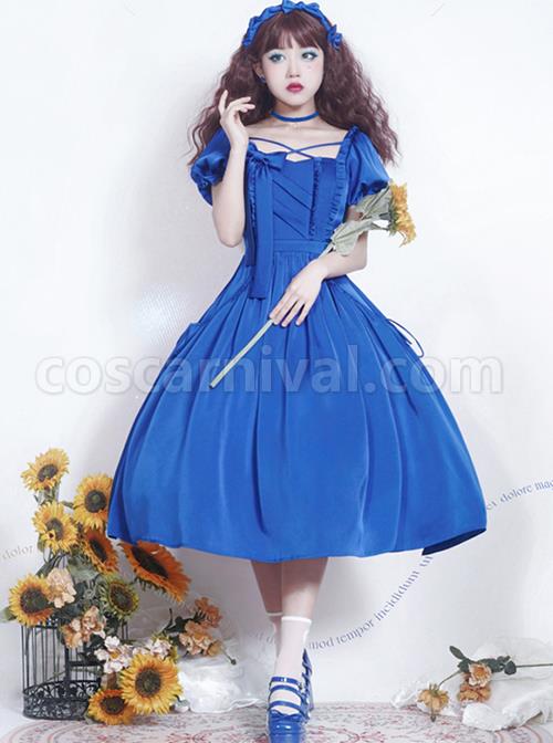 Simple-Solid-Color-Klein-Blue-OP-Pleated-Lace-Bow-Knot-Decoration-Cross-Straps-Classic-Lolita-Short-Sleeve-Dress-Set-coscarnival-4970