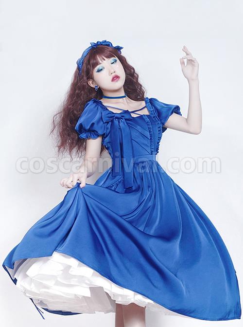 Simple-Solid-Color-Klein-Blue-OP-Pleated-Lace-Bow-Knot-Decoration-Cross-Straps-Classic-Lolita-Short-Sleeve-Dress-Set-coscarnival-4976
