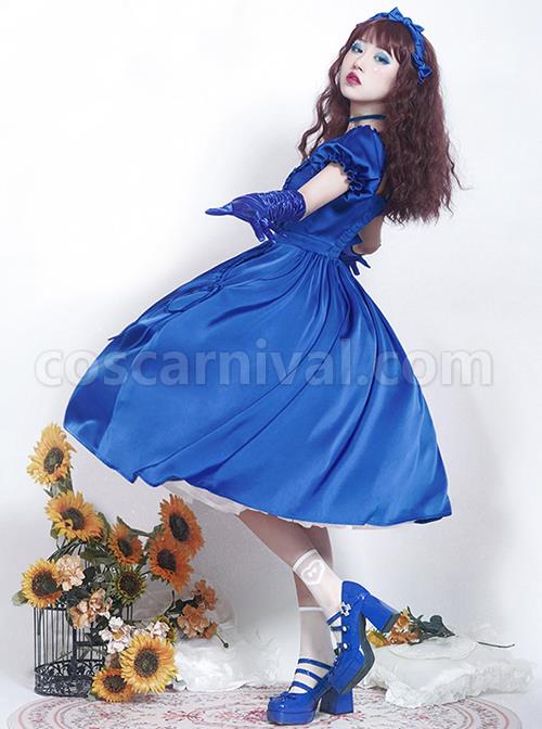 Simple-Solid-Color-Klein-Blue-OP-Pleated-Lace-Bow-Knot-Decoration-Cross-Straps-Classic-Lolita-Short-Sleeve-Dress-Set-coscarnival-4982