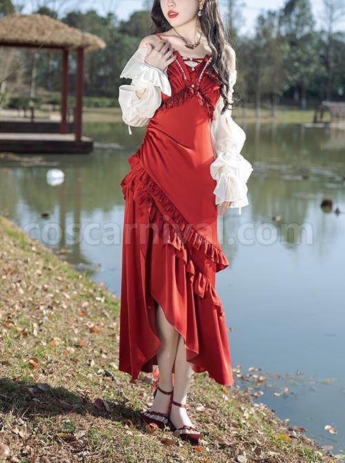 Slim-Fit Spaghetti Straps Smocked Ruffle Irregular Hem Fishtail Gothic Lolita Dress coscarnival