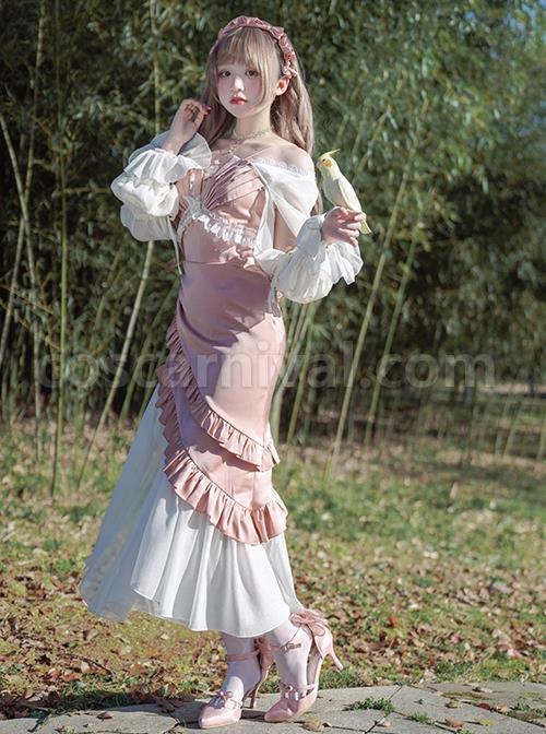 Slim-Fit Spaghetti Straps Smocked Ruffle Irregular Hem Fishtail Gothic Lolita Dress coscarnival