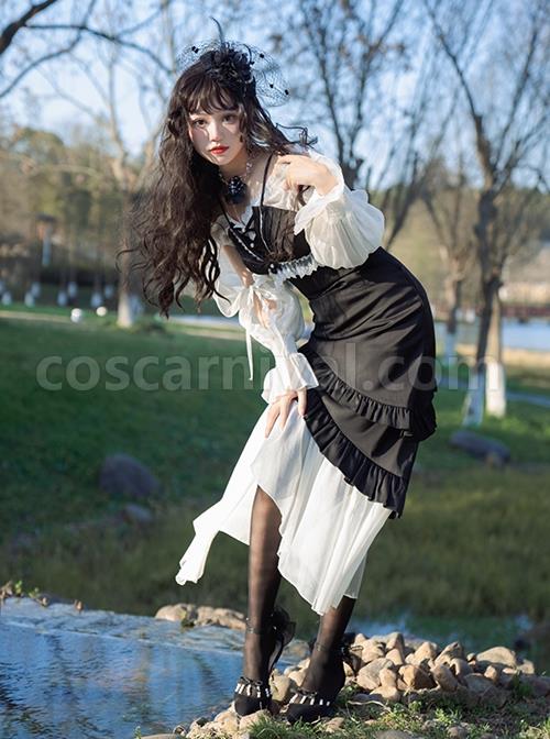 Slim-Fit Spaghetti Straps Smocked Ruffle Irregular Hem Fishtail Gothic Lolita Dress coscarnival