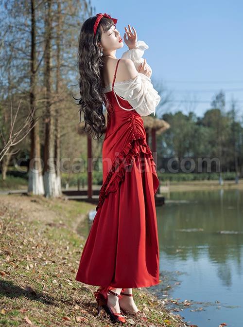 Slim-Fit Spaghetti Straps Smocked Ruffle Irregular Hem Fishtail Gothic Lolita Dress coscarnival