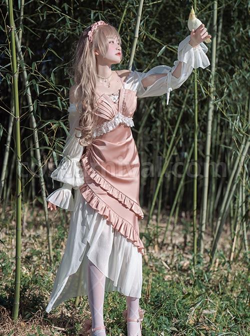 Slim-Fit Spaghetti Straps Smocked Ruffle Irregular Hem Fishtail Gothic Lolita Dress coscarnival