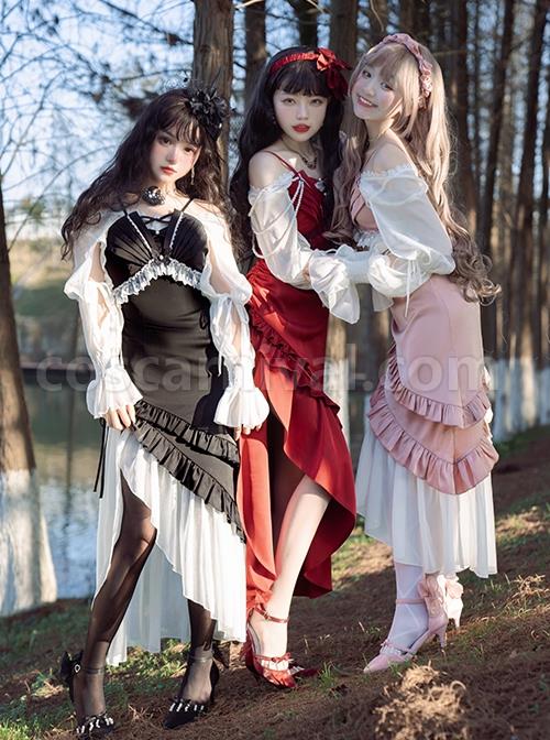 Slim-Fit Spaghetti Straps Smocked Ruffle Irregular Hem Fishtail Gothic Lolita Dress coscarnival