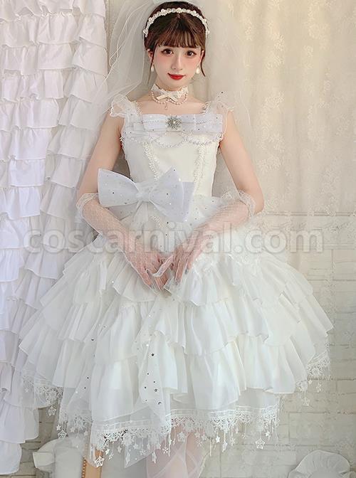 Snow-Series-JSK-Solid-Color-Layered-Pleated-Lace-Jacquard-Star-Embroidery-Hem-Bow-Knot-Decoration-Sequin-Pearl-Classic-Lolita-Dress-coscarnival-365
