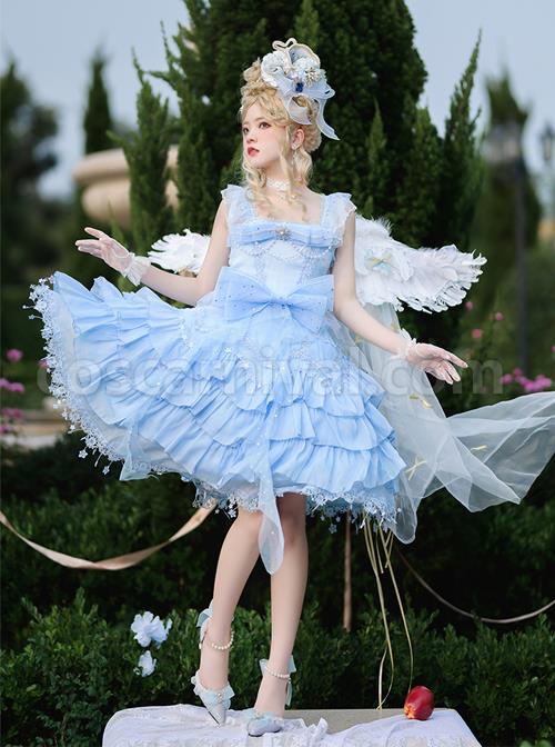 Snow-Series-JSK-Solid-Color-Layered-Pleated-Lace-Jacquard-Star-Embroidery-Hem-Bow-Knot-Decoration-Sequin-Pearl-Classic-Lolita-Dress-coscarnival-385