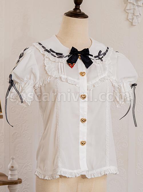 Solid Color Cute Bear Ear Design Lace Bow Knot Doll Neckline Metal Heart Button Decoration Sweet Lolita Short Sleeve Shirt coscarnival