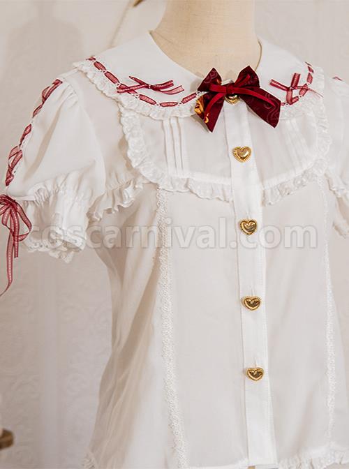 Solid Color Cute Bear Ear Design Lace Bow Knot Doll Neckline Metal Heart Button Decoration Sweet Lolita Short Sleeve Shirt coscarnival