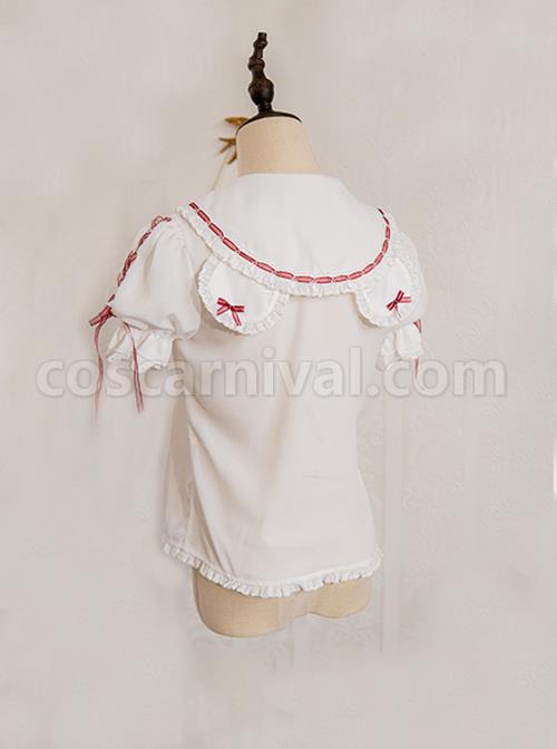 Solid Color Cute Bear Ear Design Lace Bow Knot Doll Neckline Metal Heart Button Decoration Sweet Lolita Short Sleeve Shirt coscarnival