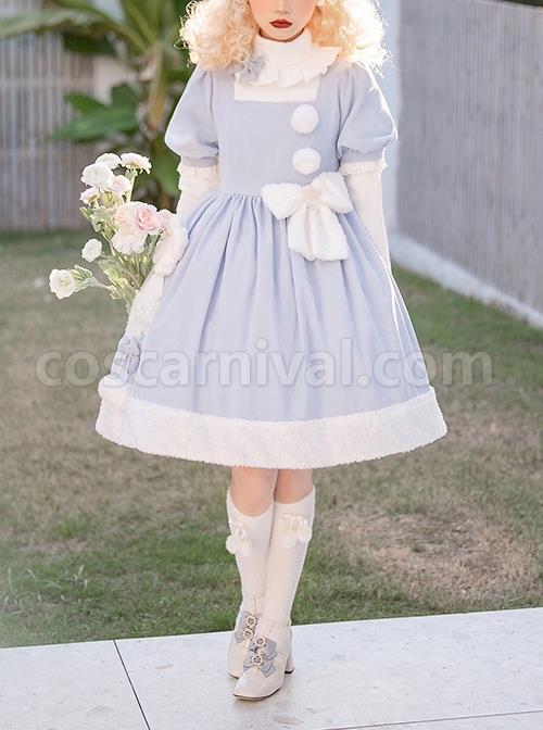 Solid-Color-Cute-Daily-Warm-Plush-Bow-Knot-Long-Sleeve-Blouses-Classic-Lolita-Short-Sleeve-Dress-Set-coscarnival-1508