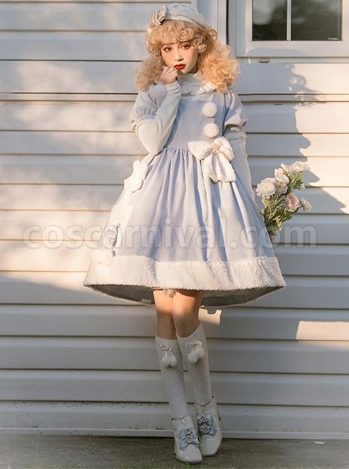 Solid-Color-Cute-Daily-Warm-Plush-Bow-Knot-Long-Sleeve-Blouses-Classic-Lolita-Short-Sleeve-Dress-Set-coscarnival-1522