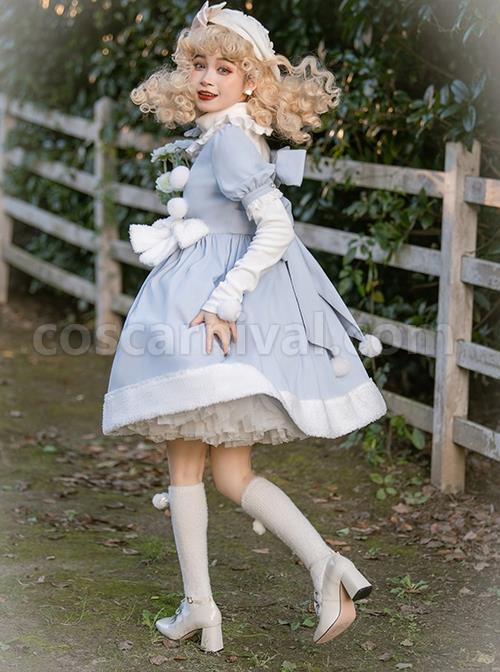 Solid-Color-Cute-Daily-Warm-Plush-Bow-Knot-Long-Sleeve-Blouses-Classic-Lolita-Short-Sleeve-Dress-Set-coscarnival-1530