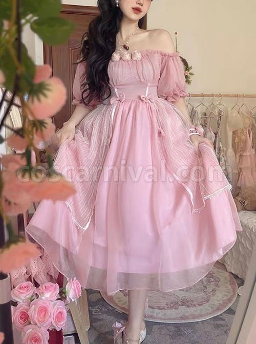Solid-Color-Cutout-Off-Shoulder-Puff-Sleeve-Bow-Elegant-Daily-Classic-Lolita-Short-Sleeve-Dress-coscarnival-1491