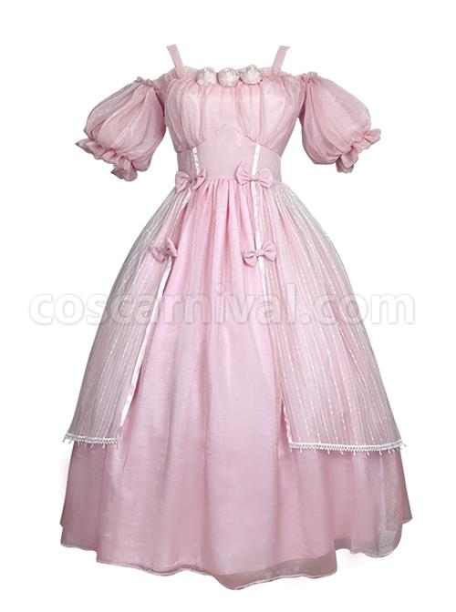 Solid-Color-Cutout-Off-Shoulder-Puff-Sleeve-Bow-Elegant-Daily-Classic-Lolita-Short-Sleeve-Dress-coscarnival-1497