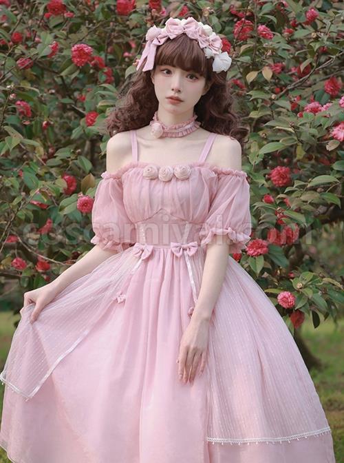 Solid-Color-Cutout-Off-Shoulder-Puff-Sleeve-Bow-Elegant-Daily-Classic-Lolita-Short-Sleeve-Dress-coscarnival-1506