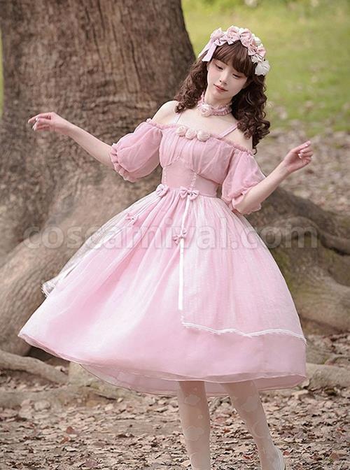 Solid-Color-Cutout-Off-Shoulder-Puff-Sleeve-Bow-Elegant-Daily-Classic-Lolita-Short-Sleeve-Dress-coscarnival-1512