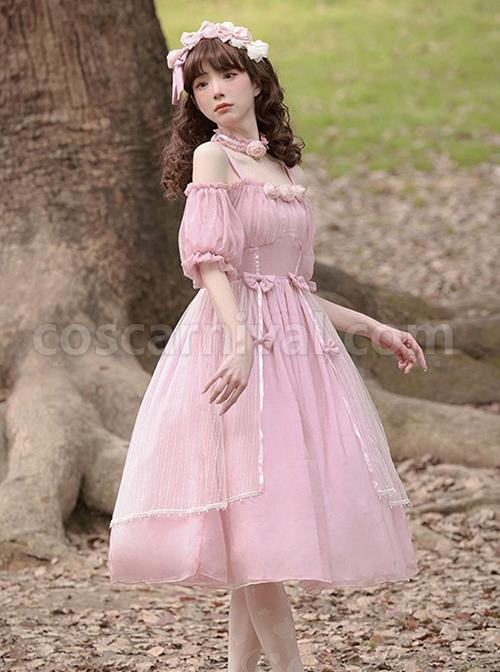 Solid-Color-Cutout-Off-Shoulder-Puff-Sleeve-Bow-Elegant-Daily-Classic-Lolita-Short-Sleeve-Dress-coscarnival-1517
