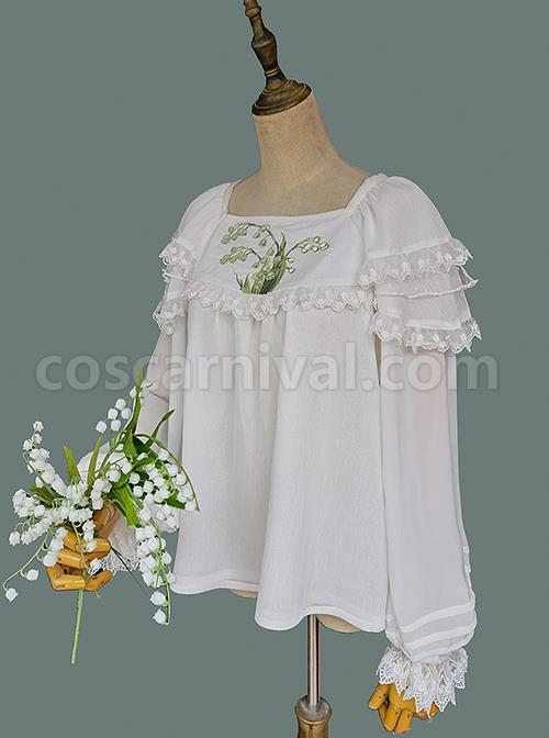 Solid Color Embroidered Doll Collar Puff Sleeve Bottom Classic Lolita Chiffon Long Sleeve Shirt coscarnival