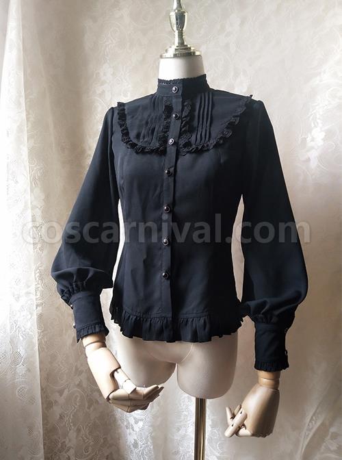 Solid Color Lace Stand Collar Daily Classic Lolita All-Match Spring Autumn Long-Sleeved Shirt coscarnival
