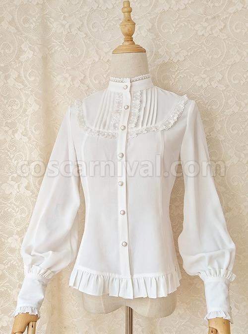 Solid Color Lace Stand Collar Daily Classic Lolita All-Match Spring Autumn Long-Sleeved Shirt coscarnival