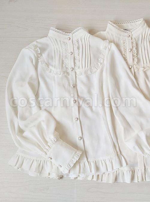 Solid Color Lace Stand Collar Daily Classic Lolita All-Match Spring Autumn Long-Sleeved Shirt coscarnival