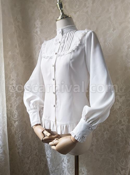 Solid Color Lace Stand Collar Daily Classic Lolita All-Match Spring Autumn Long-Sleeved Shirt coscarnival