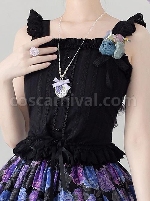 Solid Color Pleated Lace Trim Cute Three-Dimensional Lace Flower Decoration Classic Lolita Short Halter Top coscarnival