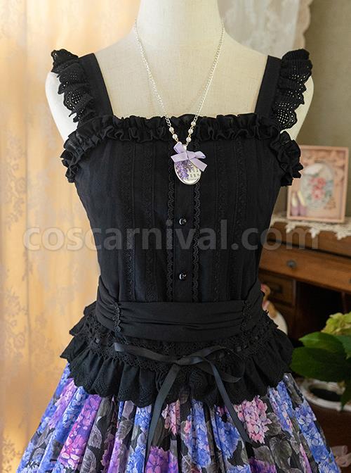 Solid Color Pleated Lace Trim Cute Three-Dimensional Lace Flower Decoration Classic Lolita Short Halter Top coscarnival