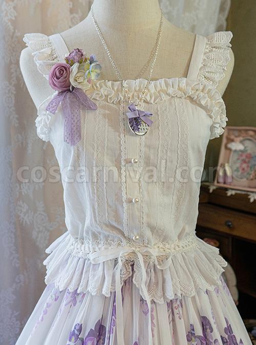 Solid Color Pleated Lace Trim Cute Three-Dimensional Lace Flower Decoration Classic Lolita Short Halter Top coscarnival