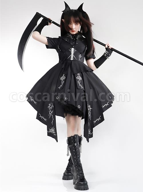 Solid Color Thorns Embroidery Irregular Thorns Embroidery Hem Handsome Gothic Lolita Short Sleeve Dress coscarnival