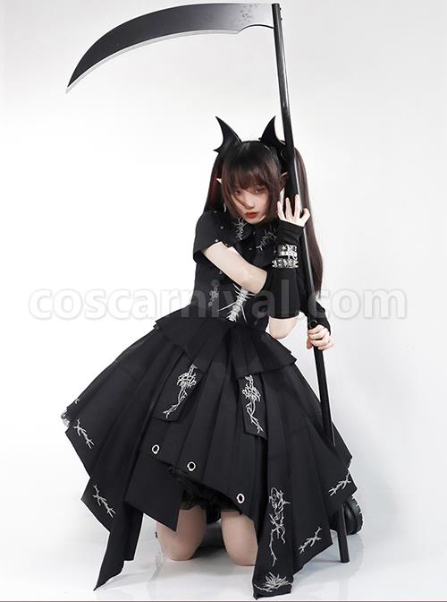 Solid Color Thorns Embroidery Irregular Thorns Embroidery Hem Handsome Gothic Lolita Short Sleeve Dress coscarnival