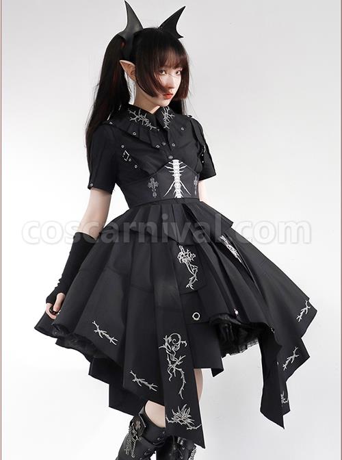 Solid Color Thorns Embroidery Irregular Thorns Embroidery Hem Handsome Gothic Lolita Short Sleeve Dress coscarnival