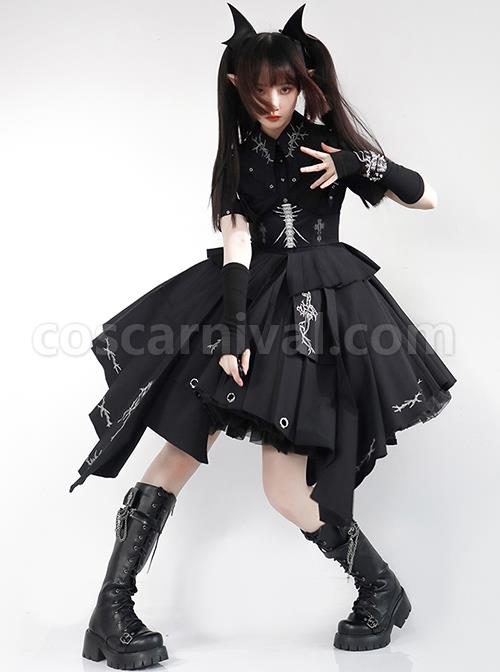 Solid Color Thorns Embroidery Irregular Thorns Embroidery Hem Handsome Gothic Lolita Short Sleeve Dress coscarnival
