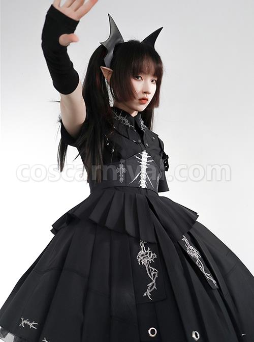 Solid Color Thorns Embroidery Irregular Thorns Embroidery Hem Handsome Gothic Lolita Short Sleeve Dress coscarnival