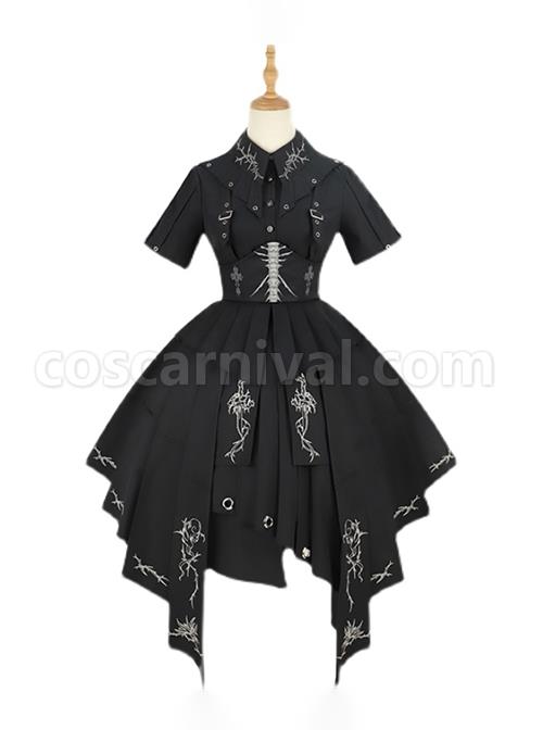 Solid Color Thorns Embroidery Irregular Thorns Embroidery Hem Handsome Gothic Lolita Short Sleeve Dress coscarnival