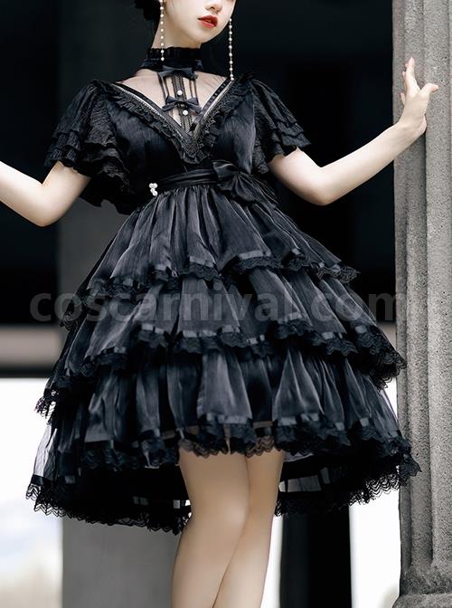 Solid-Color-Translucent-V-Neck-Design-Bow-Knot-Multi-Layer-Lace-Hem-Elegant-Classic-Lolita-Short-Sleeve-Dress-coscarnival-665