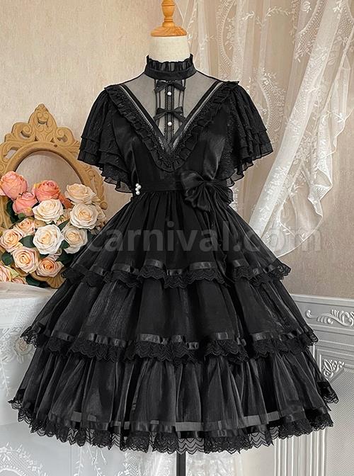 Solid-Color-Translucent-V-Neck-Design-Bow-Knot-Multi-Layer-Lace-Hem-Elegant-Classic-Lolita-Short-Sleeve-Dress-coscarnival-670